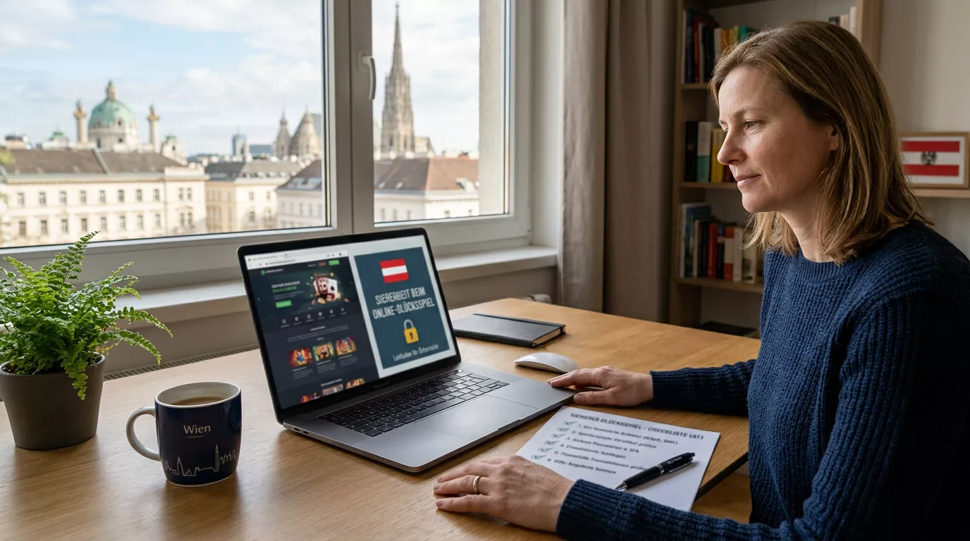 Ruhiger Arbeitsplatz mit Checkliste zur Prüfung eines Online-Casinos in Österreich